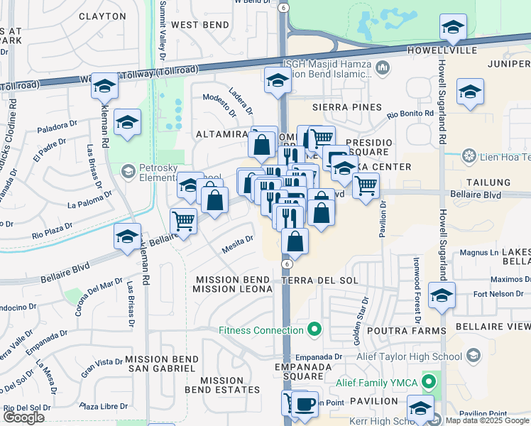 map of restaurants, bars, coffee shops, grocery stores, and more near 6806 Highway 6 in Houston