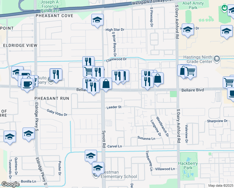 map of restaurants, bars, coffee shops, grocery stores, and more near 12989 Bellaire Boulevard in Houston