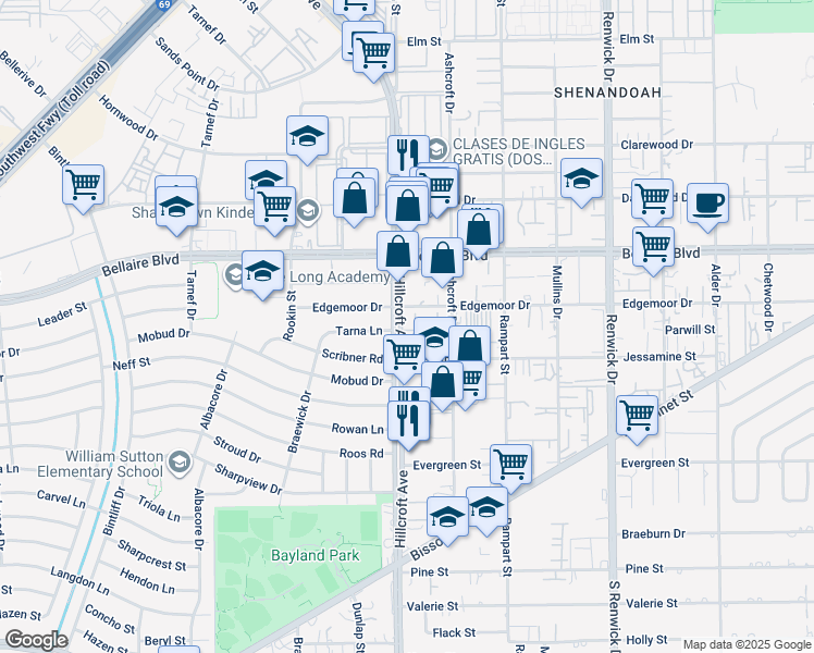 map of restaurants, bars, coffee shops, grocery stores, and more near 7001 Hillcroft Street in Houston