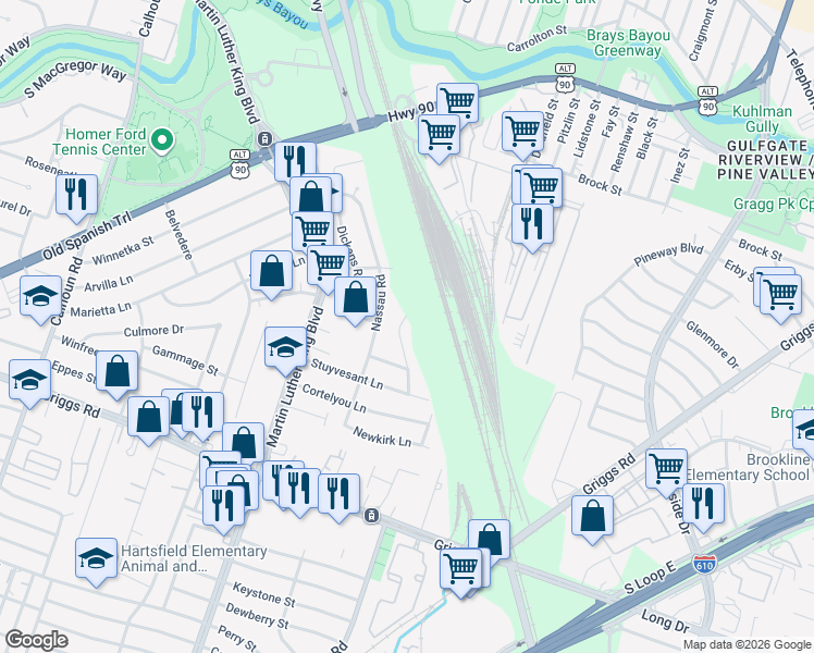 map of restaurants, bars, coffee shops, grocery stores, and more near 5217 Pomander Road in Houston