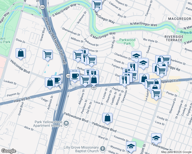 map of restaurants, bars, coffee shops, grocery stores, and more near 6407 Peerless Street in Houston
