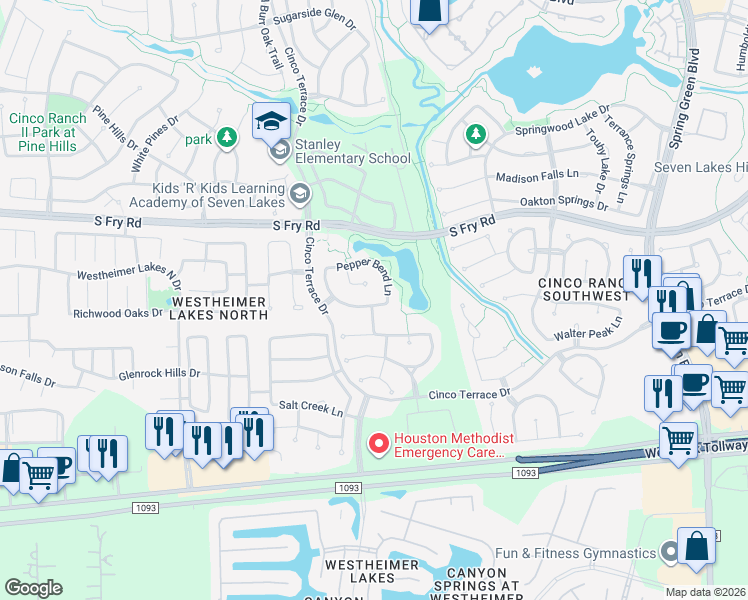 map of restaurants, bars, coffee shops, grocery stores, and more near 26018 Galena Stone Lane in Katy