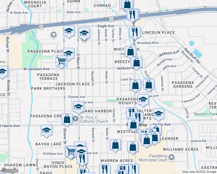 map of restaurants, bars, coffee shops, grocery stores, and more near 607 Wafer Street in Pasadena