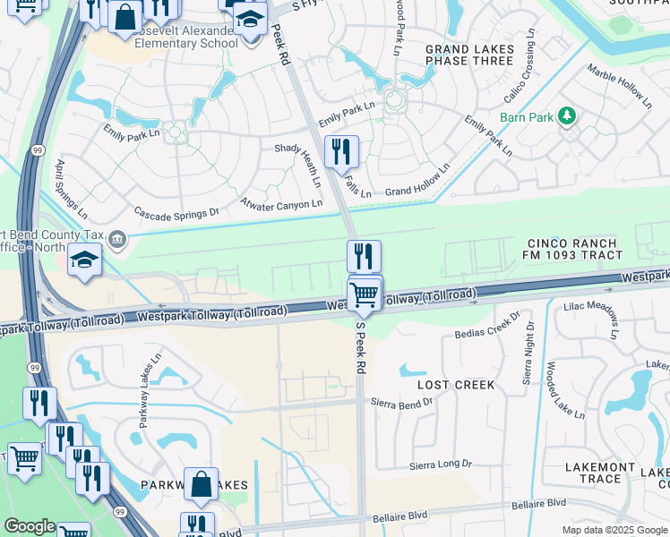 map of restaurants, bars, coffee shops, grocery stores, and more near 6307 Grand Butte Court in Katy