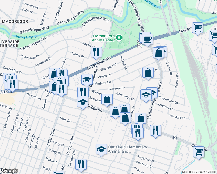 map of restaurants, bars, coffee shops, grocery stores, and more near 4847 Culmore Dr in Houston