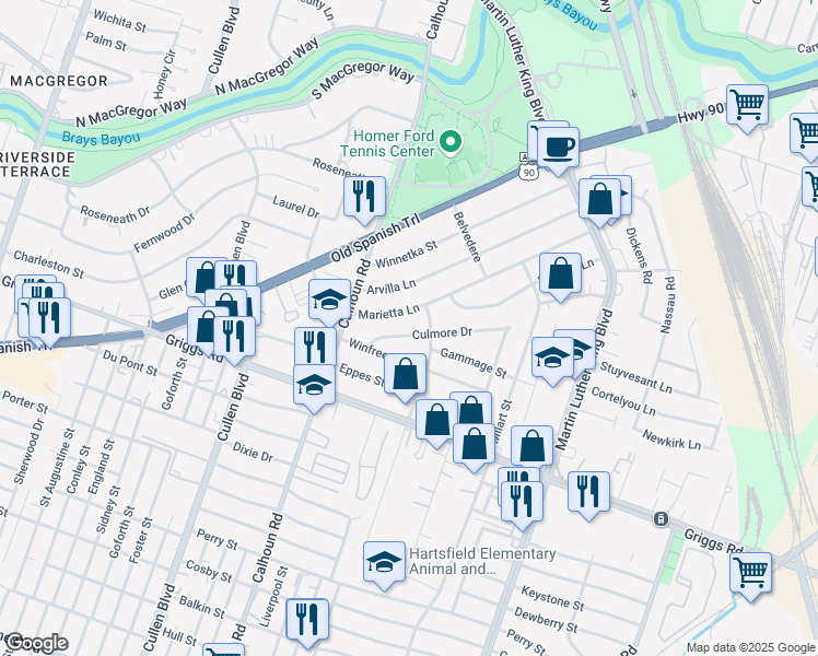 map of restaurants, bars, coffee shops, grocery stores, and more near 4847 Culmore Drive in Houston