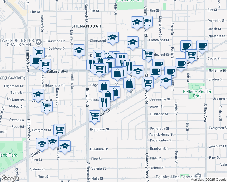 map of restaurants, bars, coffee shops, grocery stores, and more near 5706 Parwill Street in Houston