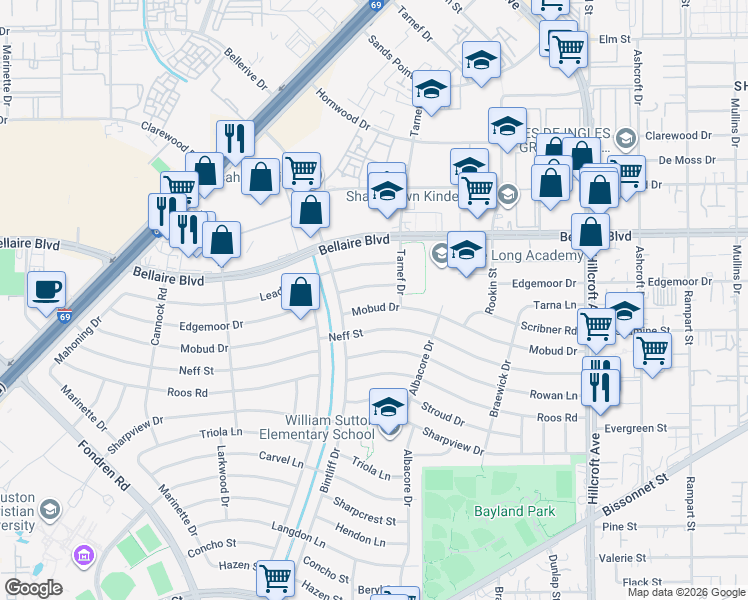 map of restaurants, bars, coffee shops, grocery stores, and more near 6814 Mobud Drive in Houston