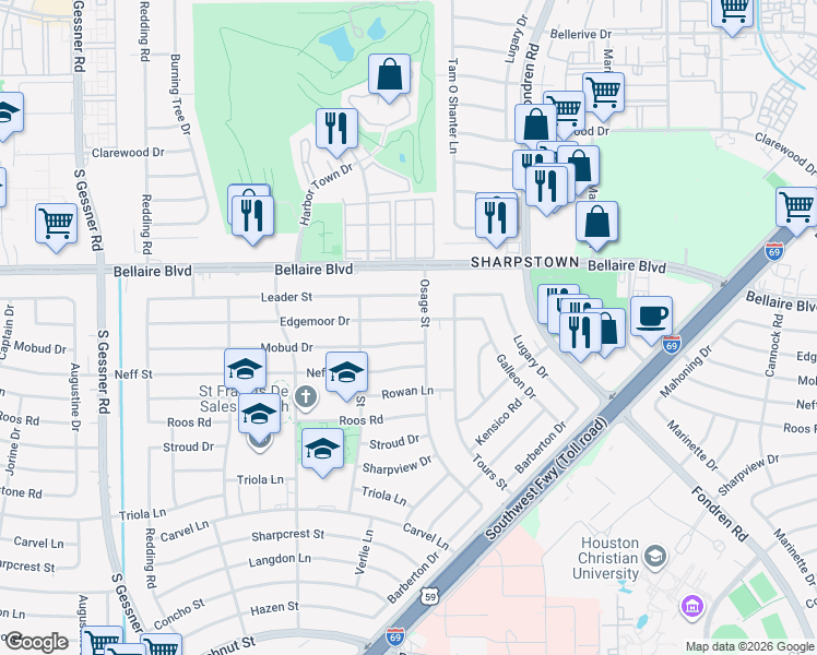 map of restaurants, bars, coffee shops, grocery stores, and more near 7911 Edgemoor Drive in Houston