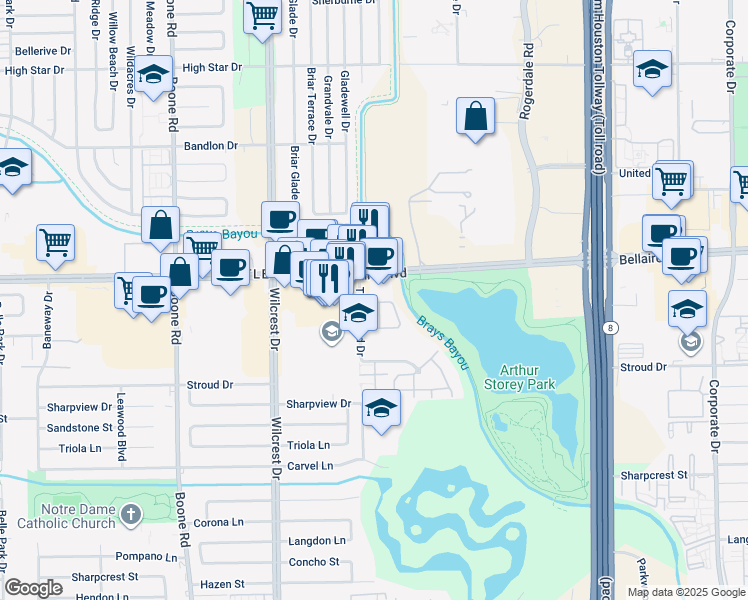 map of restaurants, bars, coffee shops, grocery stores, and more near 6813 Turtlewood Drive in Houston