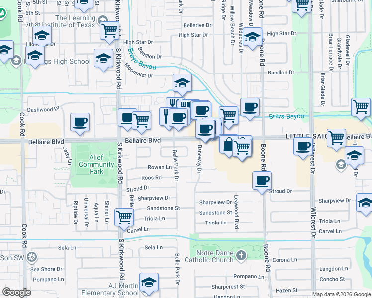 map of restaurants, bars, coffee shops, grocery stores, and more near 6810 Baneway Drive in Houston