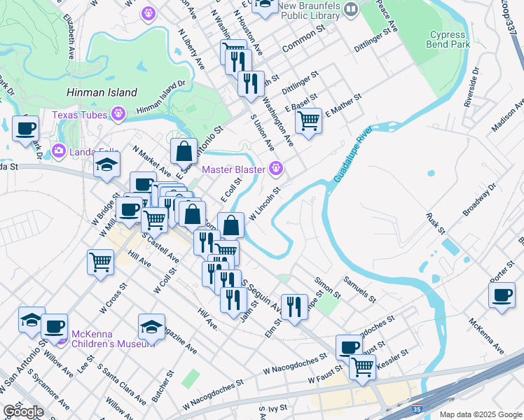 map of restaurants, bars, coffee shops, grocery stores, and more near 401 West Lincoln Street in New Braunfels