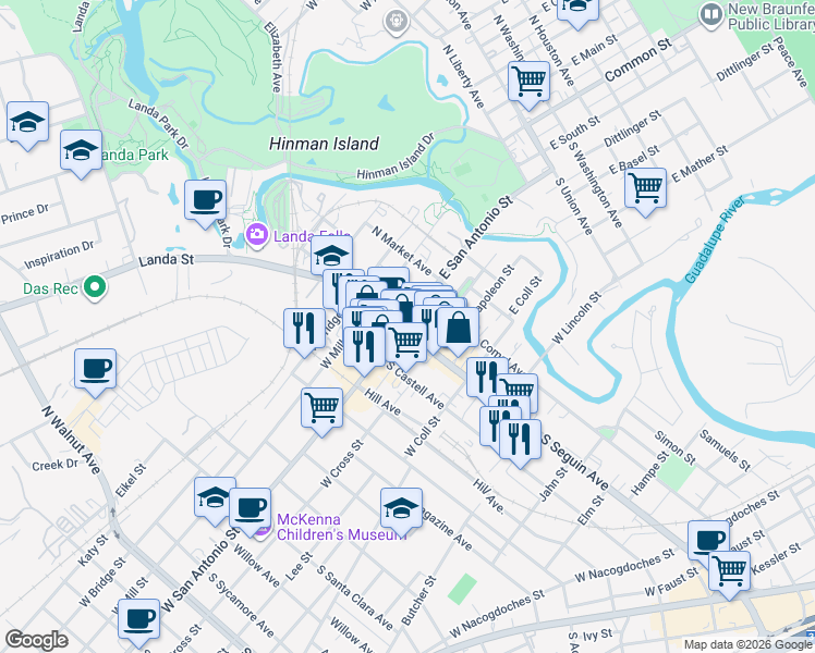 map of restaurants, bars, coffee shops, grocery stores, and more near in New Braunfels