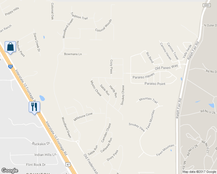 map of restaurants, bars, coffee shops, grocery stores, and more near 27007 Hardy Run in Boerne