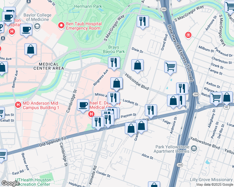 map of restaurants, bars, coffee shops, grocery stores, and more near 10917 Farm-To-Market Road 521 in Houston