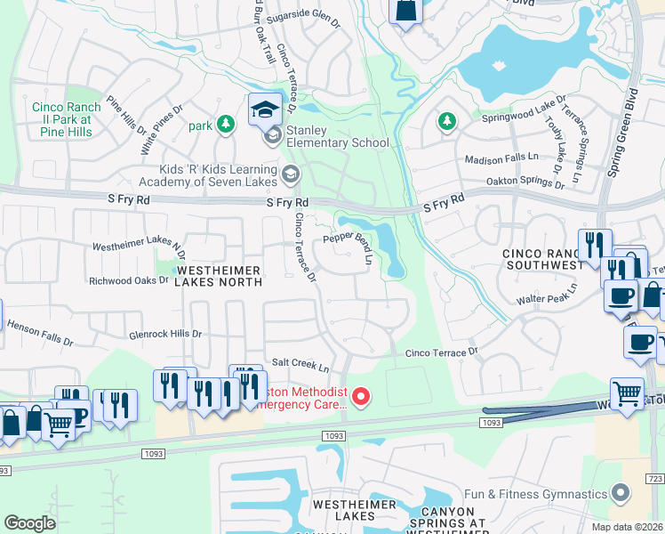 map of restaurants, bars, coffee shops, grocery stores, and more near 26051 Galena Stone Lane in Katy