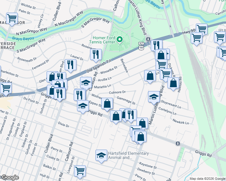 map of restaurants, bars, coffee shops, grocery stores, and more near 4847 Culmore Drive in Houston
