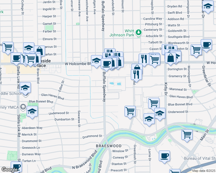 map of restaurants, bars, coffee shops, grocery stores, and more near 7171 Buffalo Speedway in Houston
