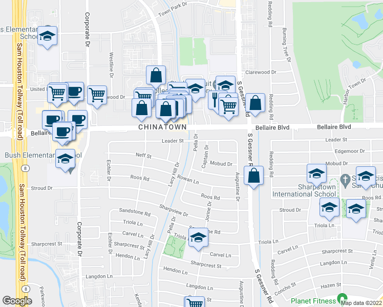 map of restaurants, bars, coffee shops, grocery stores, and more near 7018 Pella Drive in Houston