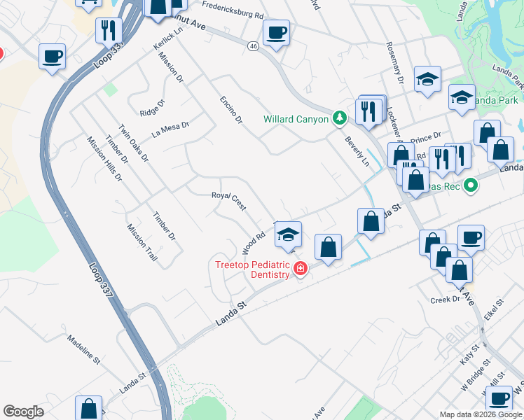 map of restaurants, bars, coffee shops, grocery stores, and more near 104 Mission Drive in New Braunfels