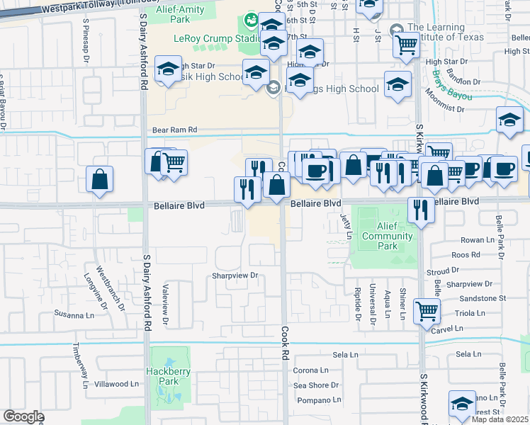 map of restaurants, bars, coffee shops, grocery stores, and more near 12303 Bellaire Boulevard in Houston