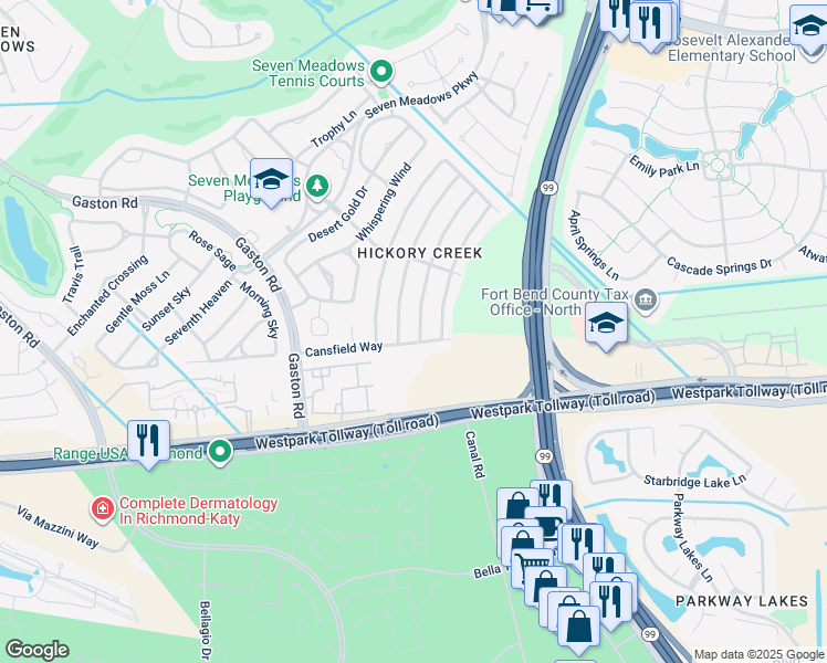 map of restaurants, bars, coffee shops, grocery stores, and more near 6907 Glen Rosa Drive in Katy