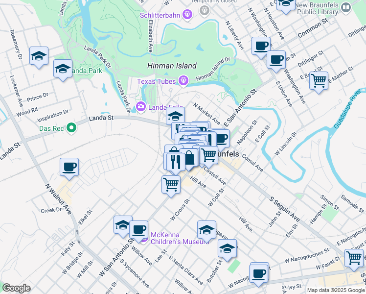 map of restaurants, bars, coffee shops, grocery stores, and more near 180 West Mill Street in New Braunfels