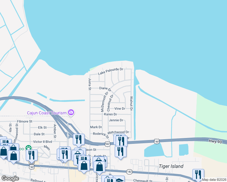 map of restaurants, bars, coffee shops, grocery stores, and more near 1601 Chestnut Drive in Morgan City