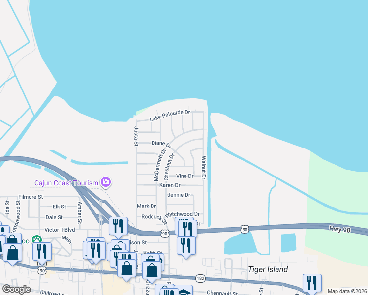 map of restaurants, bars, coffee shops, grocery stores, and more near 1609 Chatsworth Drive in Morgan City