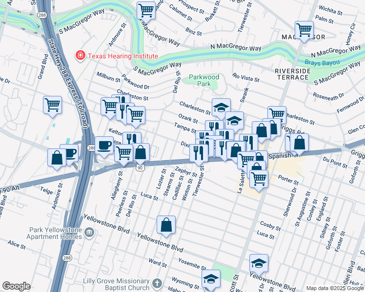 map of restaurants, bars, coffee shops, grocery stores, and more near 3560 Dixie Drive in Houston