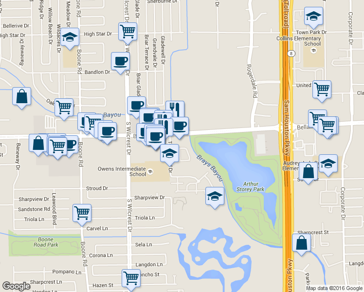 map of restaurants, bars, coffee shops, grocery stores, and more near 6813 Turtlewood Dr in Houston