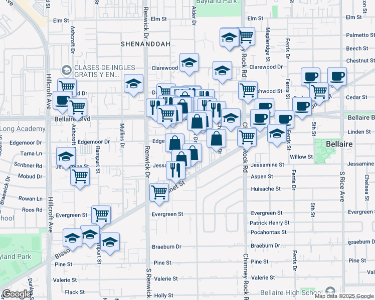 map of restaurants, bars, coffee shops, grocery stores, and more near 5706 Parwill Street in Houston