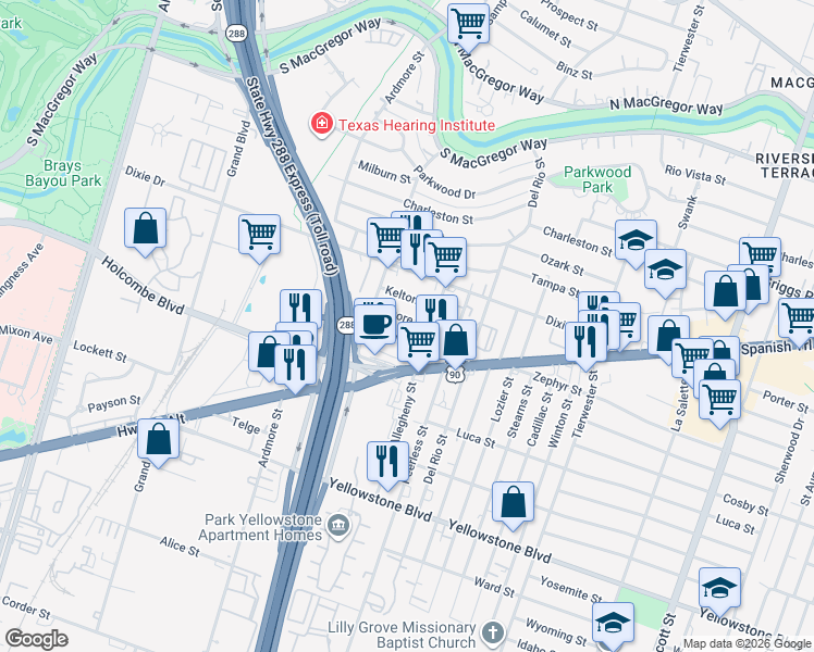 map of restaurants, bars, coffee shops, grocery stores, and more near 3351 Kilgore Street in Houston