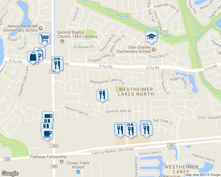 map of restaurants, bars, coffee shops, grocery stores, and more near 6119 Lakenshire Falls Lane in Katy