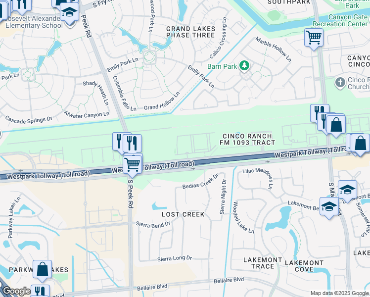 map of restaurants, bars, coffee shops, grocery stores, and more near Farm to Market Road 1093 in Richmond