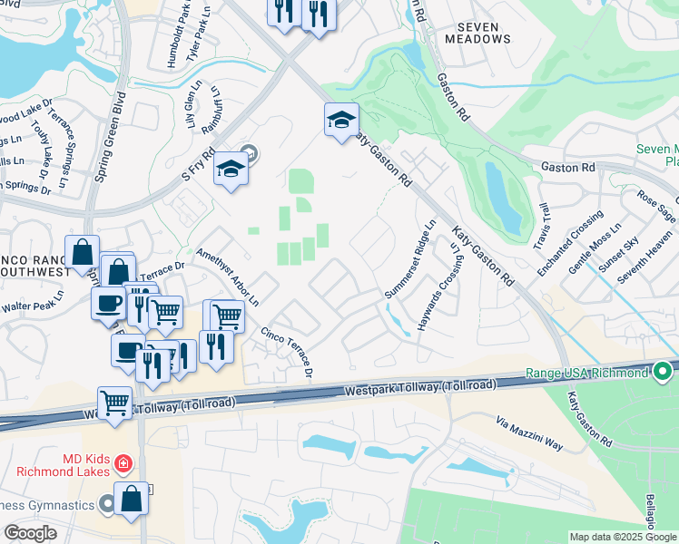 map of restaurants, bars, coffee shops, grocery stores, and more near 24506 Evangeline Springs Lane in Katy