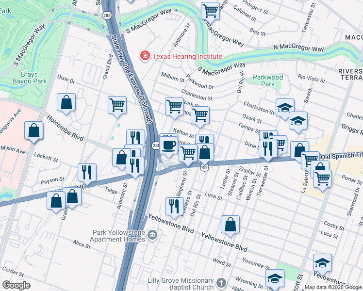 map of restaurants, bars, coffee shops, grocery stores, and more near 3319 Natchez Street in Houston