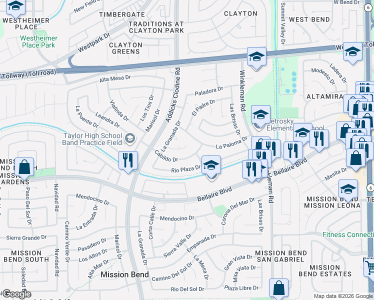 map of restaurants, bars, coffee shops, grocery stores, and more near 15426 Cabildo Drive in Houston