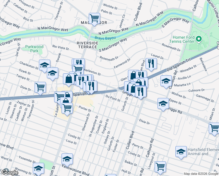 map of restaurants, bars, coffee shops, grocery stores, and more near 4104 Griggs Road in Houston