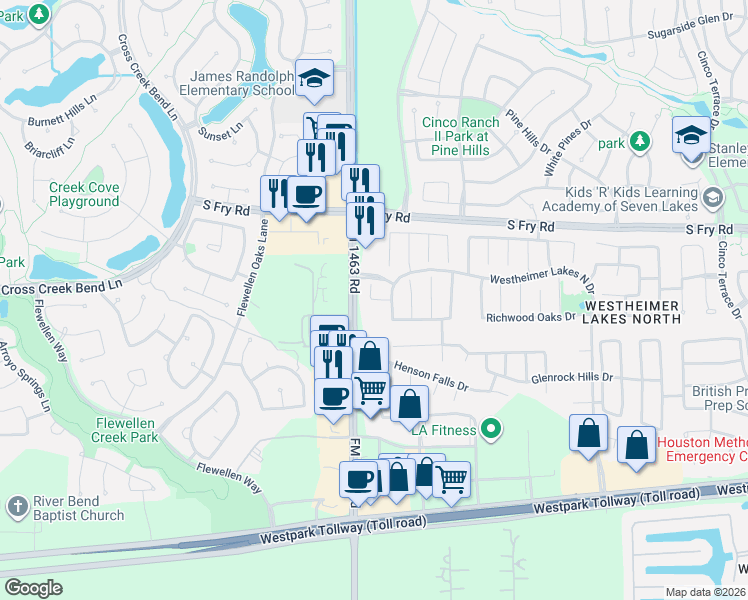 map of restaurants, bars, coffee shops, grocery stores, and more near Barrow Glen Drive in Katy