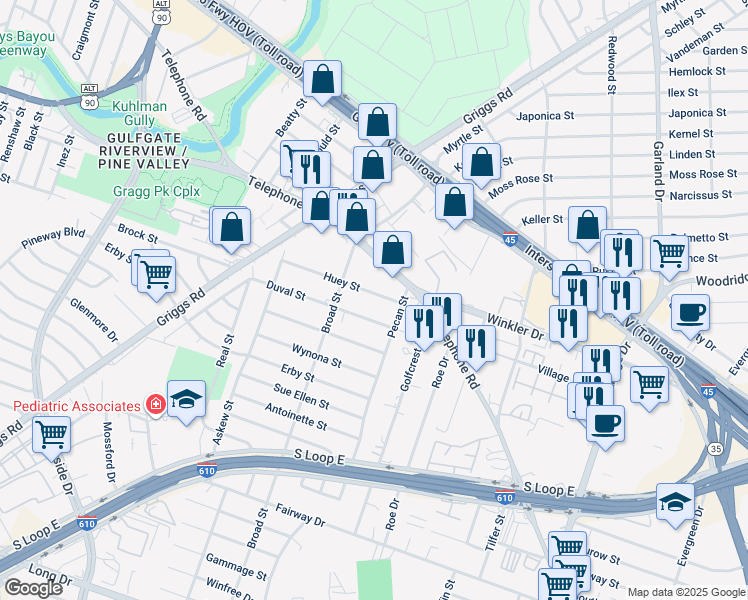 map of restaurants, bars, coffee shops, grocery stores, and more near 4118 Huey Street in Houston