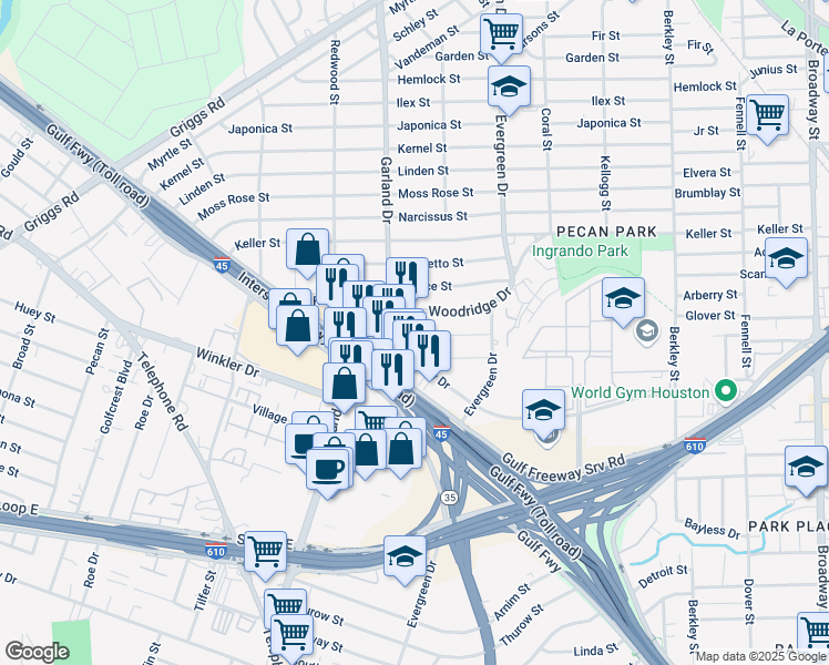 map of restaurants, bars, coffee shops, grocery stores, and more near 7015 Woodridge Square Drive in Houston