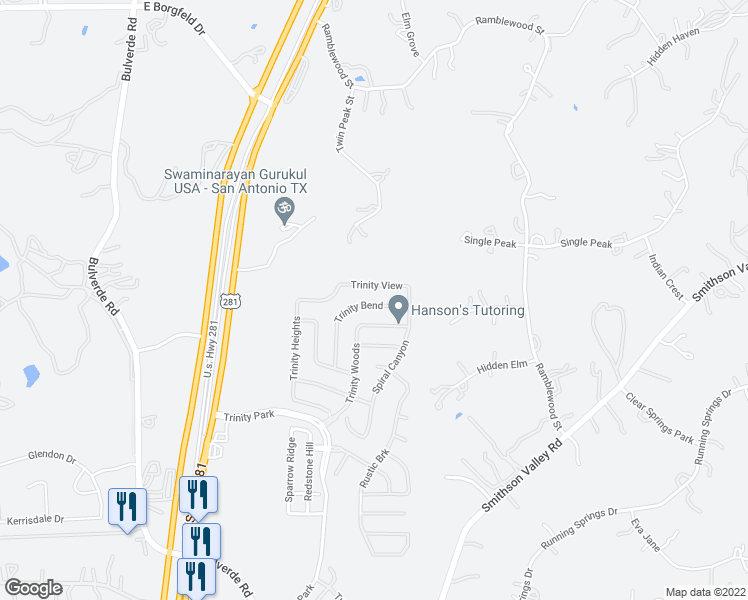 map of restaurants, bars, coffee shops, grocery stores, and more near 27211 Trinity Bend in San Antonio