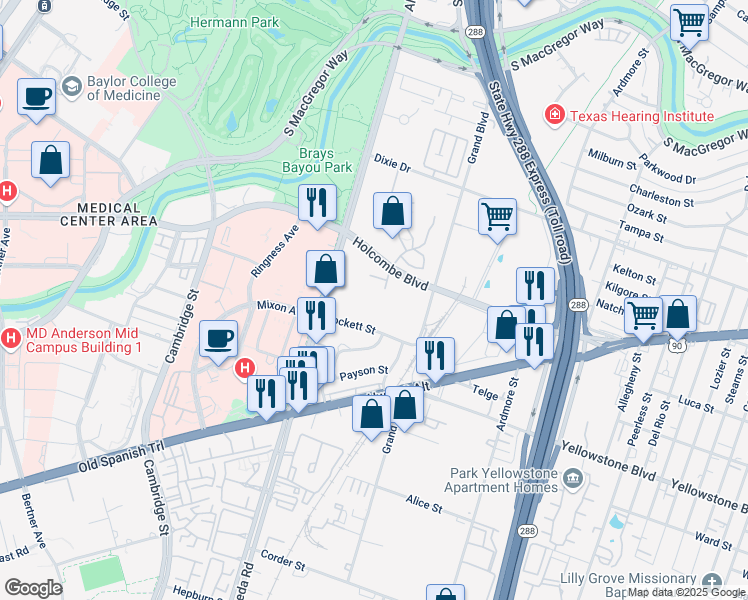 map of restaurants, bars, coffee shops, grocery stores, and more near 2450 Holcombe Boulevard in Houston