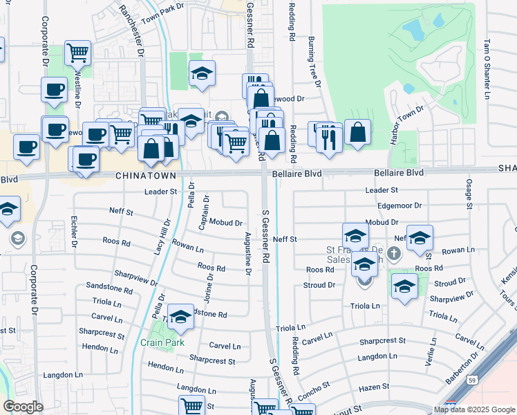 map of restaurants, bars, coffee shops, grocery stores, and more near 7100 South Gessner Road in Houston
