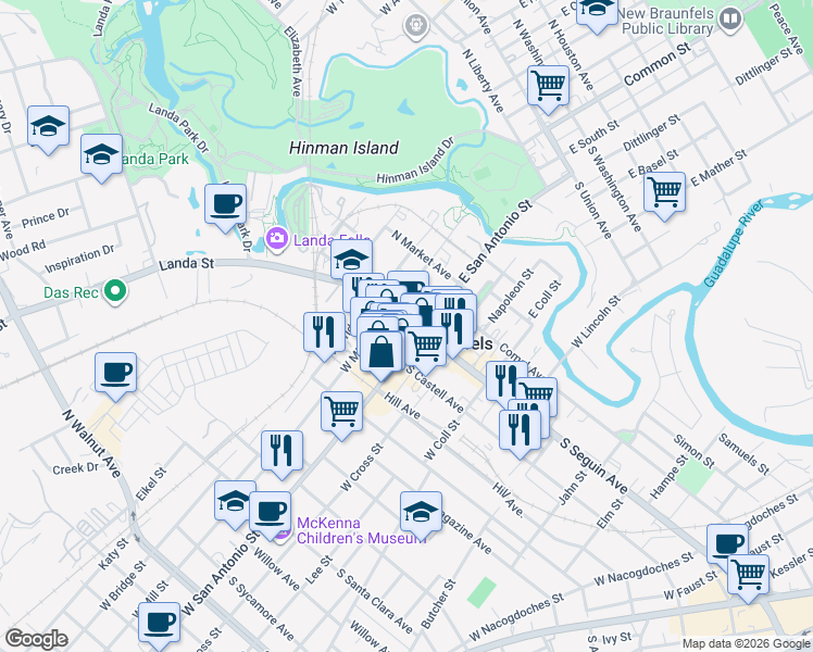 map of restaurants, bars, coffee shops, grocery stores, and more near 471 Main Plaza in New Braunfels