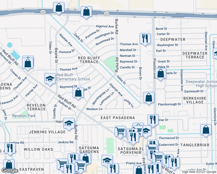 map of restaurants, bars, coffee shops, grocery stores, and more near 2607 Morningside Lane in Pasadena