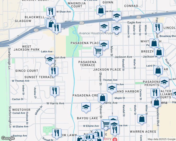 map of restaurants, bars, coffee shops, grocery stores, and more near 211 West Texas Avenue in Pasadena