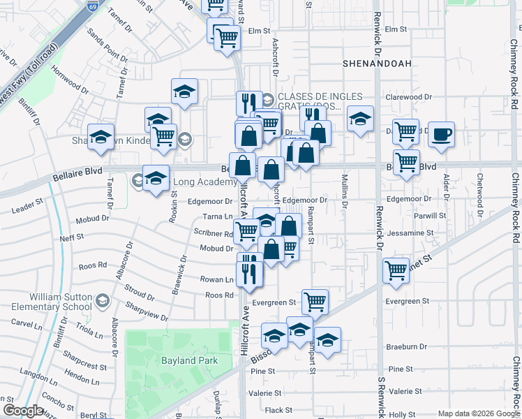 map of restaurants, bars, coffee shops, grocery stores, and more near 7001 Hillcroft Street in Houston