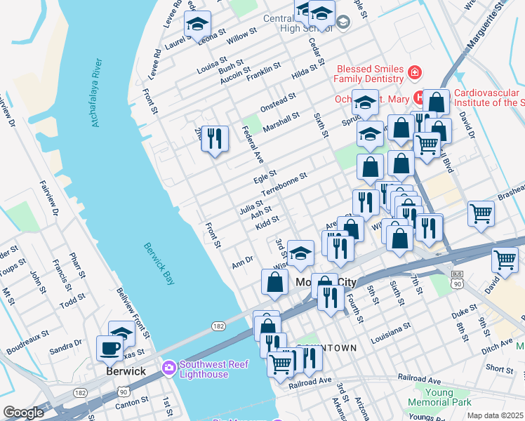 map of restaurants, bars, coffee shops, grocery stores, and more near 312-498 Ash Street in Morgan City
